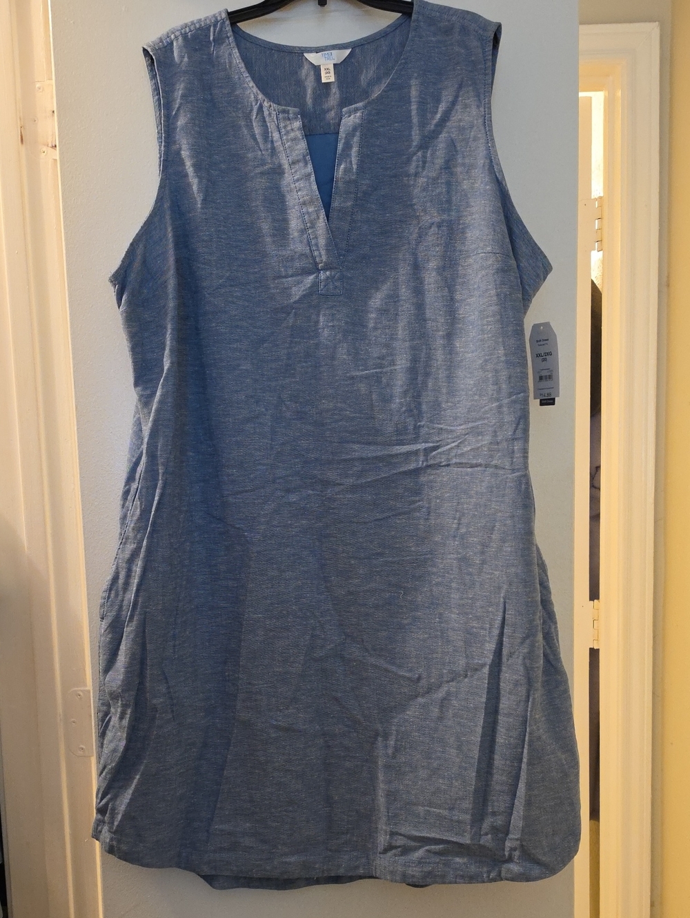 Time and Tru Sleeveless Chambray Shift Dress Linen Blend With Pockets - Blue